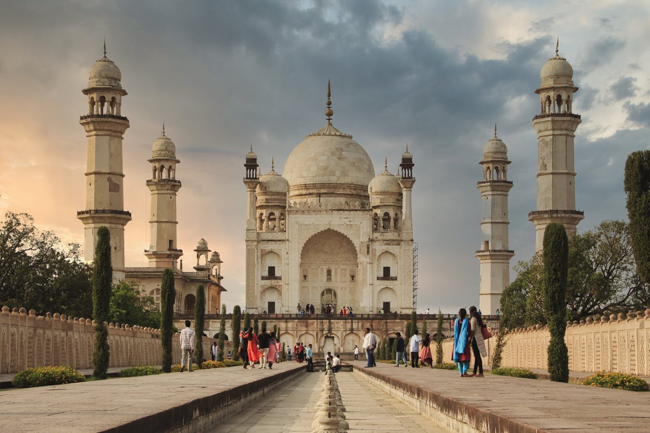 Bibi Ka Maqbara in Aurangabad, India, a stunning Mughal-style mausoleum with lush gardens.
